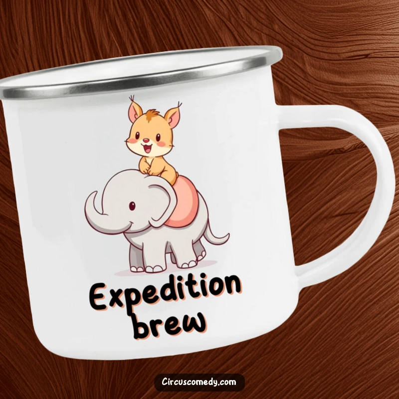 Funny squirrel camping mug, a cheerful squirrel riding an elephant, durable and humorous gear for outdoor fun.