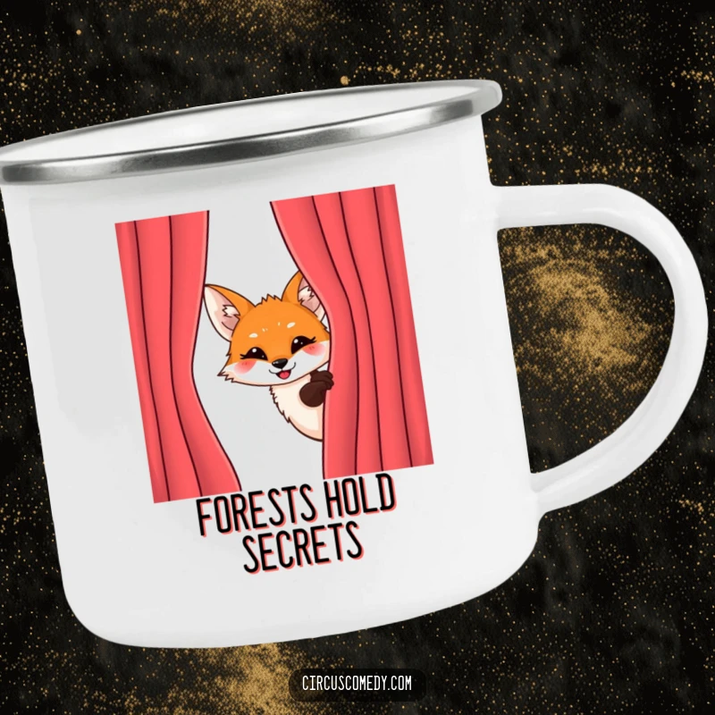 Funny Fox Behind Curtain Camping Mug: A mischievous fox peeks from behind a velvet curtain with an excited grin, great for funny adventures.