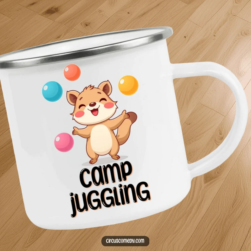 Funny Camping Mug: Smiling animal with great focus, juggling balls, perfect for outdoor fun and humor.