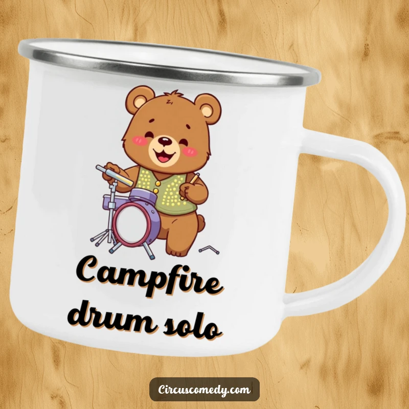 Funny bear in a sequined vest, enthusiastically playing a miniature drum set, ready for outdoor adventures and good times.