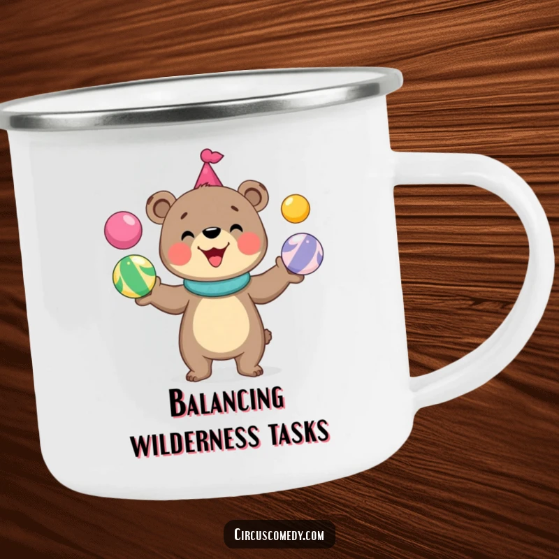 Funny bear camping mug showing a cute, grinning bear juggling colorful circus balls, built for rugged fun and outdoor enjoyment.