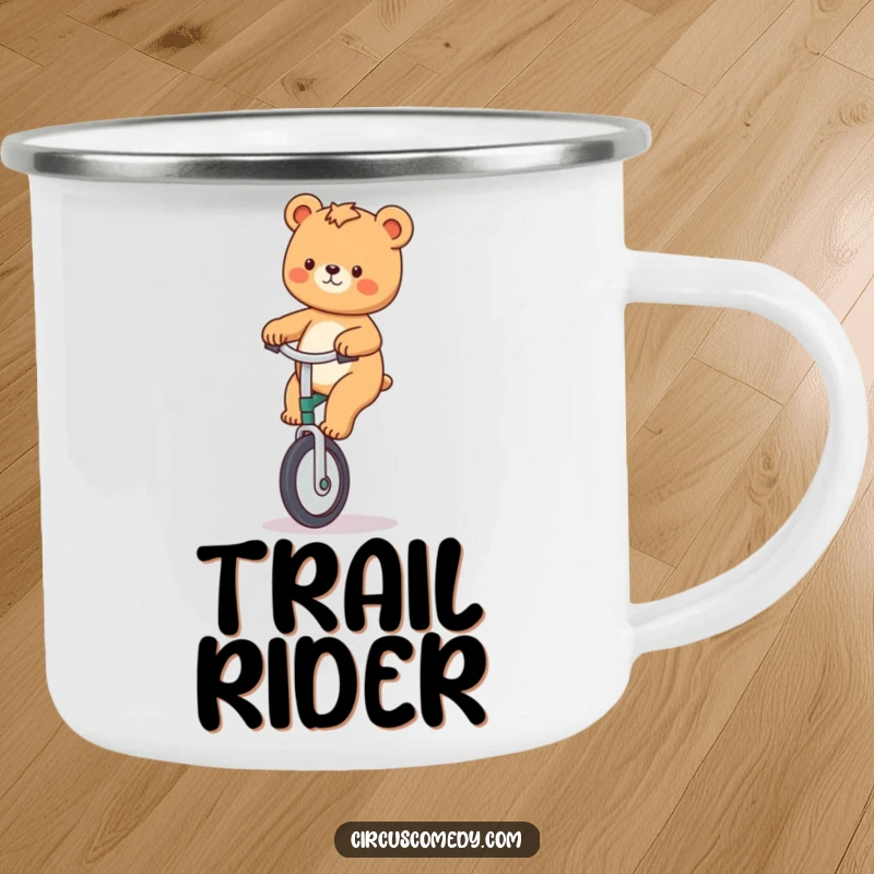 Funny camping mug with a playful bear riding a unicycle, ready for outdoor fun and adding humor.