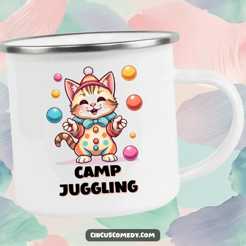 Funny cat in a colorful clown costume, delightedly juggling colorful balls, ready for campfire entertainment.