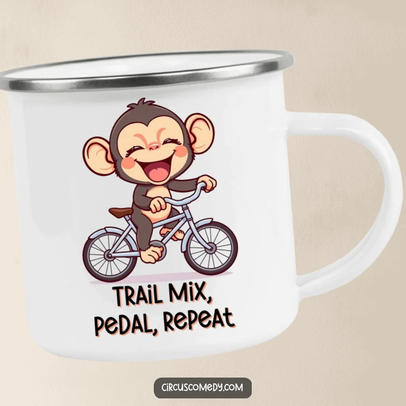Funny chimp giggling while ridiculously pedaling a miniature bicycle, a tough and humorous camping mug for outdoor fun.