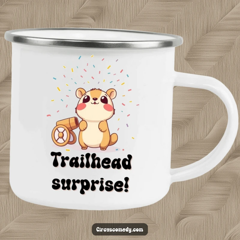 Funny camping mug showing a surprised animal amidst a confetti cannon blast, durable and perfect for outdoor humor.