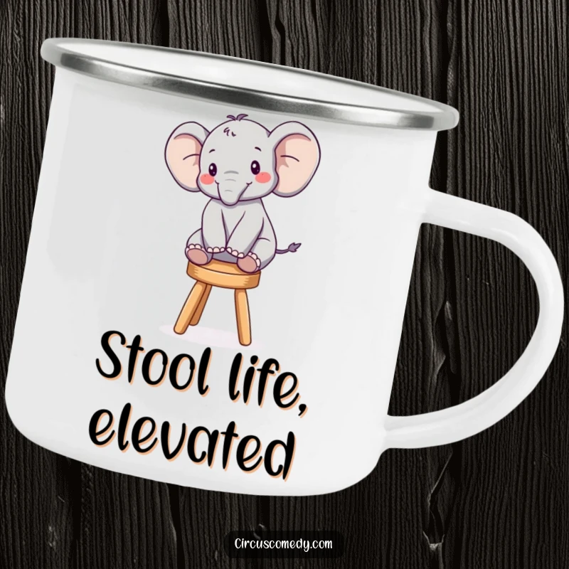 Funny camping mug featuring a playful elephant balancing on a tiny stool, evoking outdoor fun and humor.