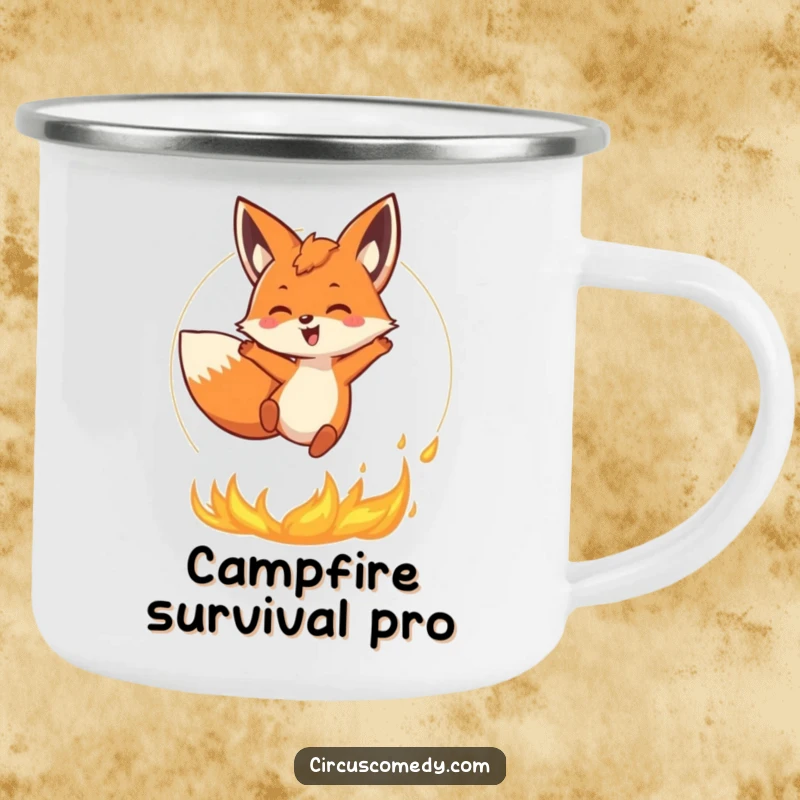 Funny Fox Camping Mug: A happy fox performs a daring fire leap, bringing rugged humor and fiery spirit to your outdoor beverage enjoyment.