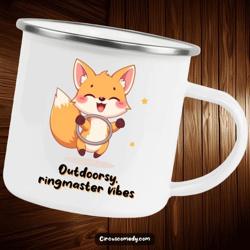 Funny fox camping mug, a joyful fox catching rings with a hoop, durable and humorous.