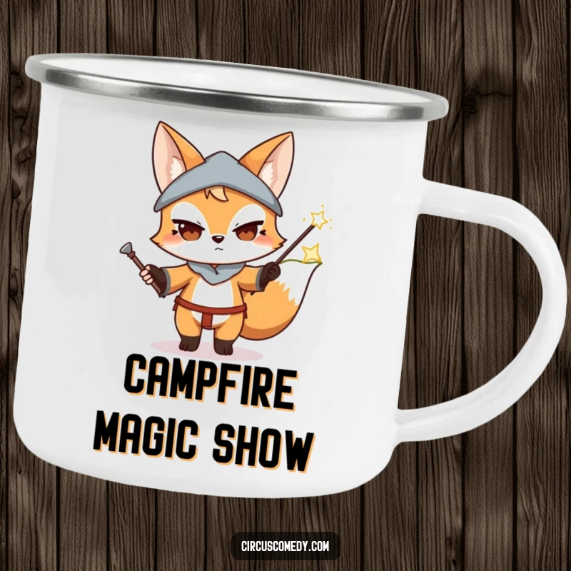 Funny Fox Magician Camping Mug: A durable camping mug featuring a determined fox performing a magic trick with a wand, for outdoor enchantment.