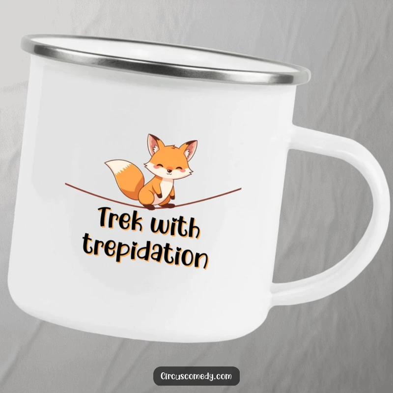 Funny fox camping mug, balancing on a tightrope in an outdoor setting, bringing daring humor to your beverage breaks, a durable and amusing mug.