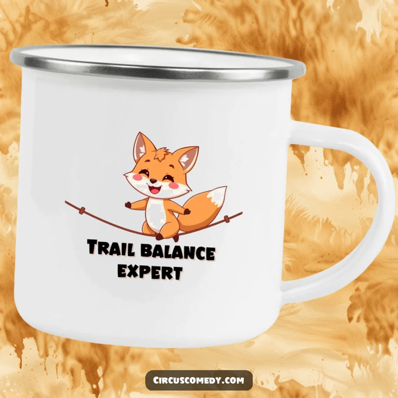 Funny fox camping mug, a happy fox walking a tightrope with a proud smile, durable and humorous outdoor gear.