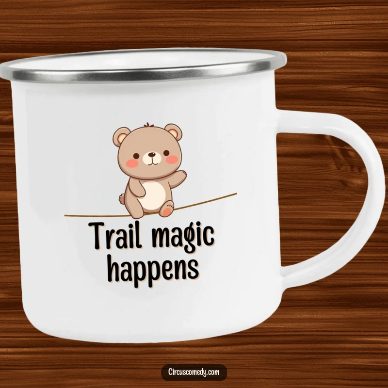 Funny Happy Bear Tightrope Camping Mug: A bear wobbles on a tightrope looking happy, great for funny outdoor adventures.