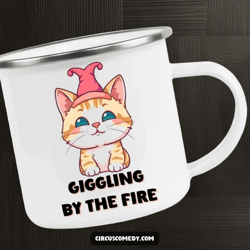 Funny cat camping mug, a contented cat wearing a jester hat, suitable for outdoor use with humor.