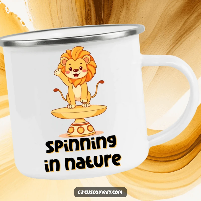 Funny lion camping mug, balancing regally on a plate in an outdoor setting, bringing majestic humor to your adventures, a durable and amusing mug.