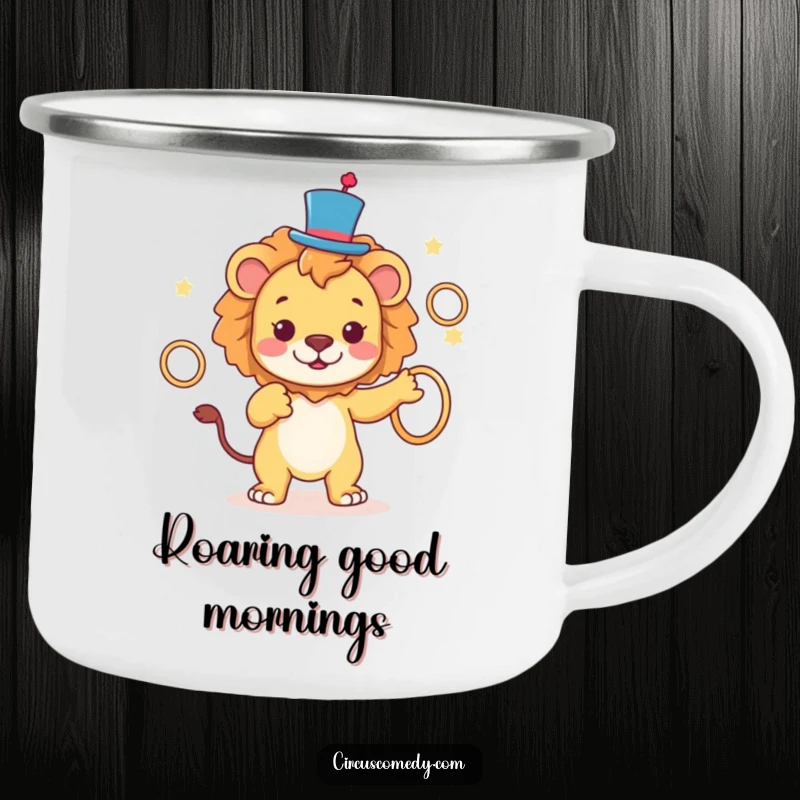 Funny Lion Top Hat Camping Mug featuring a regal lion juggling rings, ideal for outdoor enjoyment and a dose of class, a funny gift.