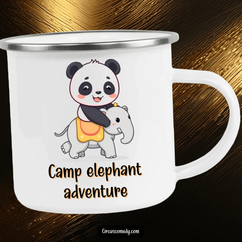 Funny camping mug showing a happy panda riding a small circus elephant, perfect for enjoying drinks outdoors with a touch of whimsical humor.