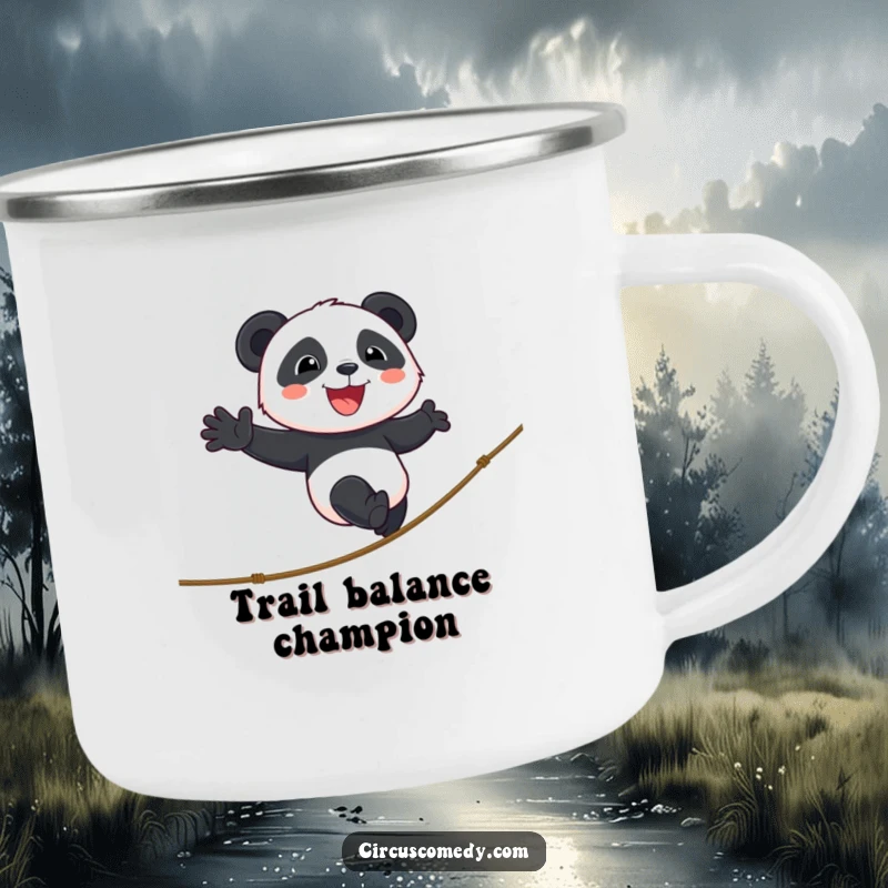 Funny panda camping mug showing a smiling panda walking a tightrope with cheerful determination, built for rugged determination and outdoor enjoyment.