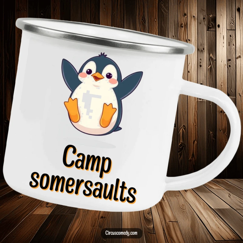 Funny camping mug showing a penguin waddling comically as it does a somersault, perfect for enjoying drinks outdoors with a touch of humor.