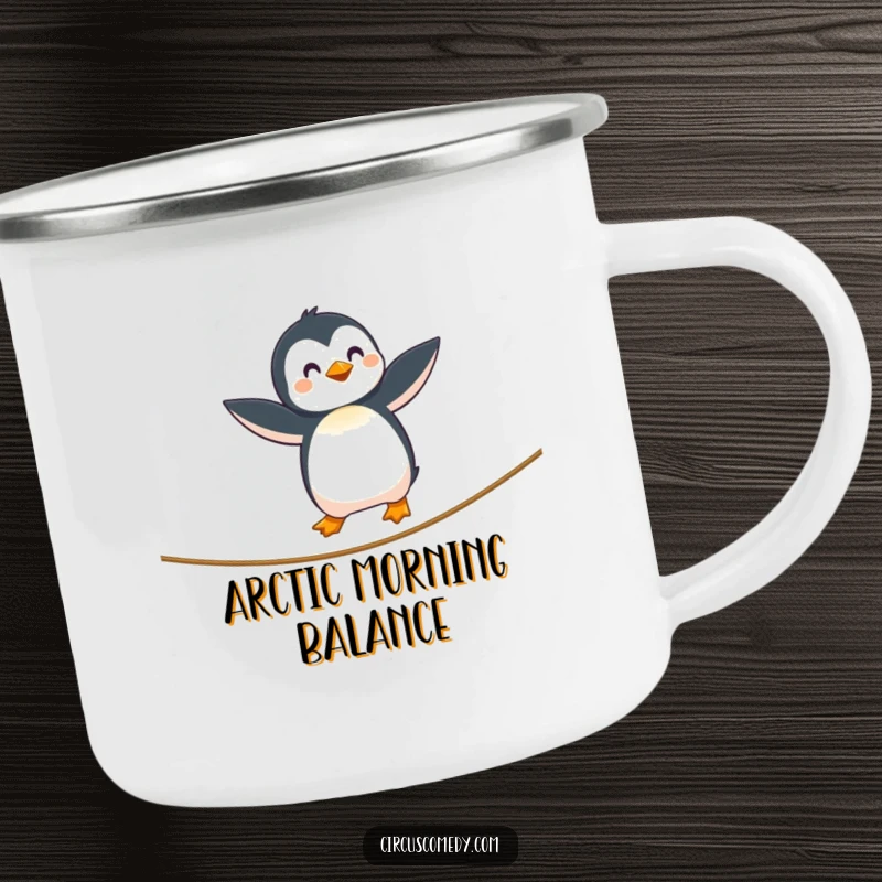 Funny Penguin Tightrope Camping Mug featuring a curious penguin with outstretched wings walking a tightrope, ideal for outdoor fun and whimsy, a funny gift.