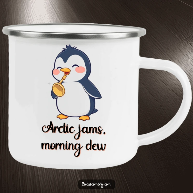 Funny Penguin Camping Mug: A cheerful penguin plays a tiny trumpet, bringing musical joy and rugged humor to your outdoor beverage experience.