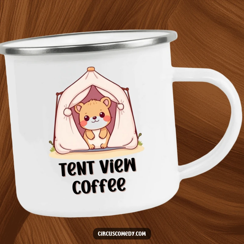 Funny camping mug with a playful animal peeking from a miniature tent, durable and perfect for outdoor humor.
