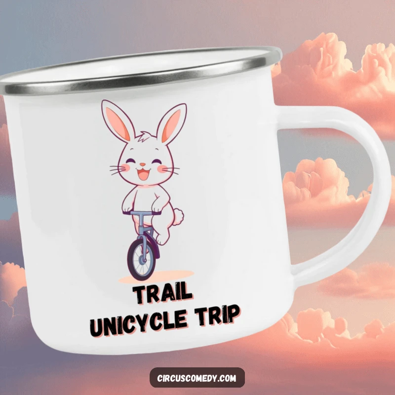 Funny Rabbit Unicyclist Camping Mug: A durable camping mug featuring a happy rabbit riding a unicycle, ready for any adventure.