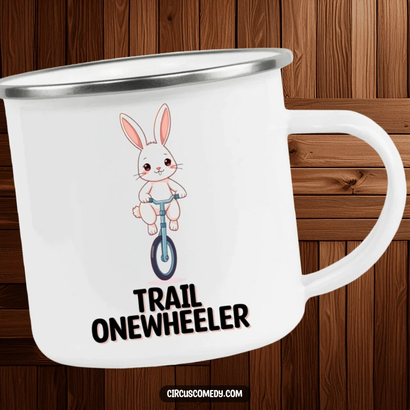 Funny rabbit camping mug, a determined rabbit balancing on a unicycle, perfect for outdoor adventures with a humorous touch.