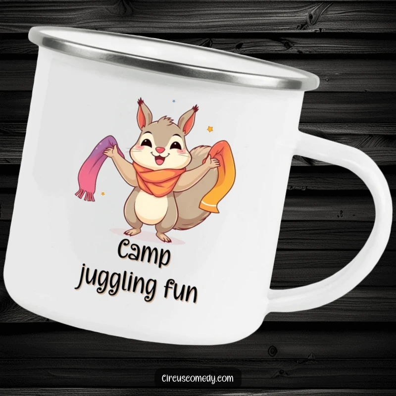Funny camping mug showing a cheerful squirrel juggling brightly colored scarves, perfect for enjoying drinks outdoors with a touch of whimsy.