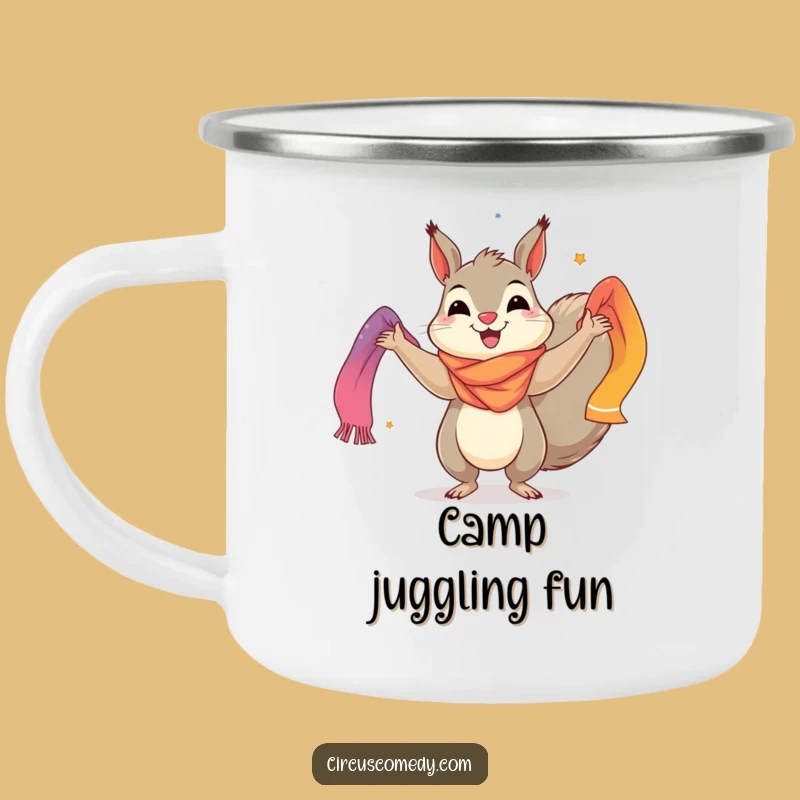 Funny Squirrel Camping Mug: Cheerful Juggler with Scarves - Outdoor Fun