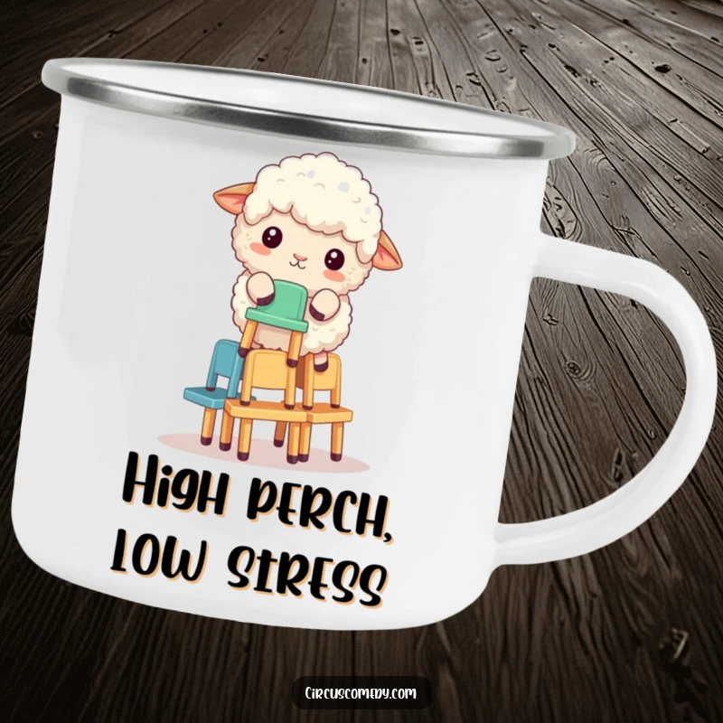 Funny sheep balancing a stack of small chairs, printed on a sturdy camping mug for humorous outdoor enjoyment.
