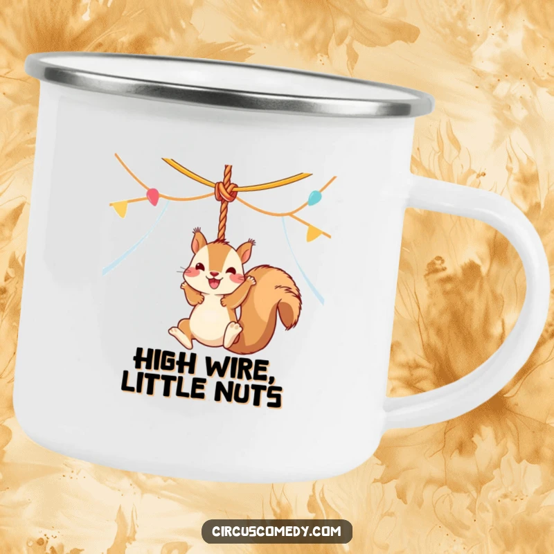 Funny squirrel performing a circus swing from a tent rope, printed on a durable camping mug for outdoor enjoyment.