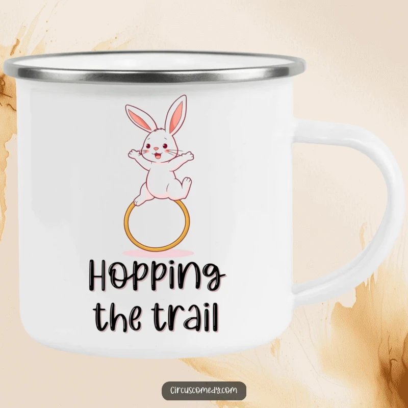 Funny rabbit camping mug, mid-high jump over a hoop in an outdoor setting, bringing athletic fun to your adventures, a durable and amusing mug.
