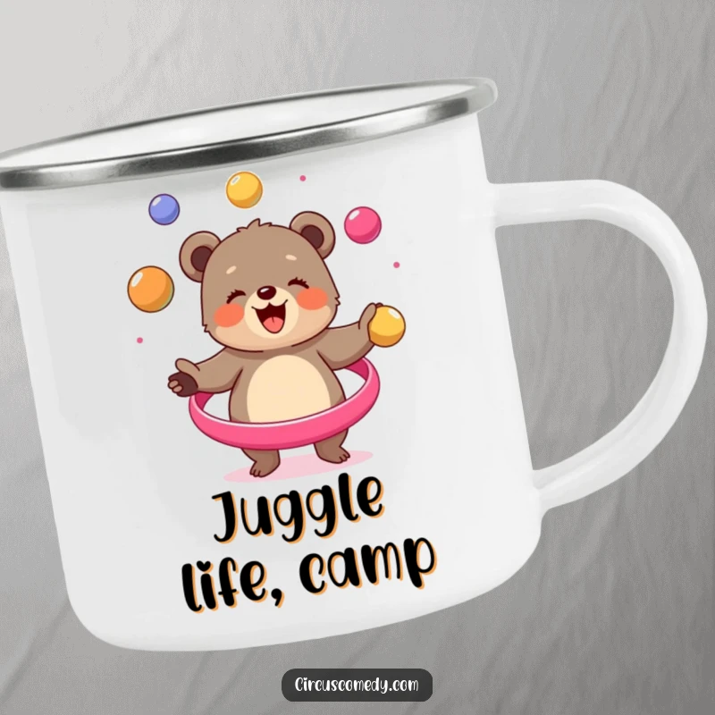 Funny bear cub camping mug, cheerfully juggling balls outdoors, bringing circus joy to the campsite, a durable and amusing vessel.
