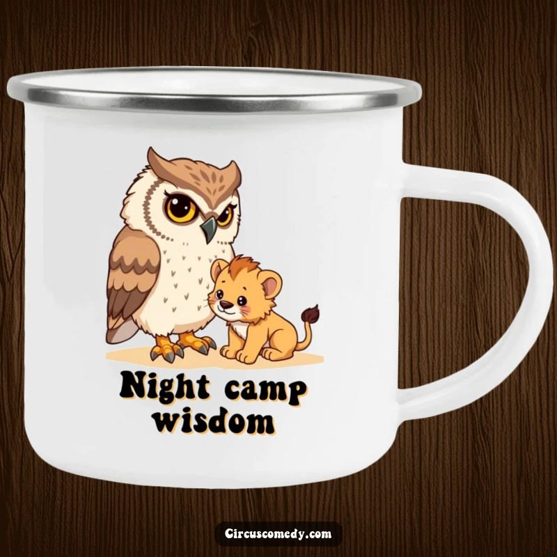 Funny camping mug depicting a determined owl attempting to tame a tiny lion cub, perfect for bringing humor to outdoor adventures.