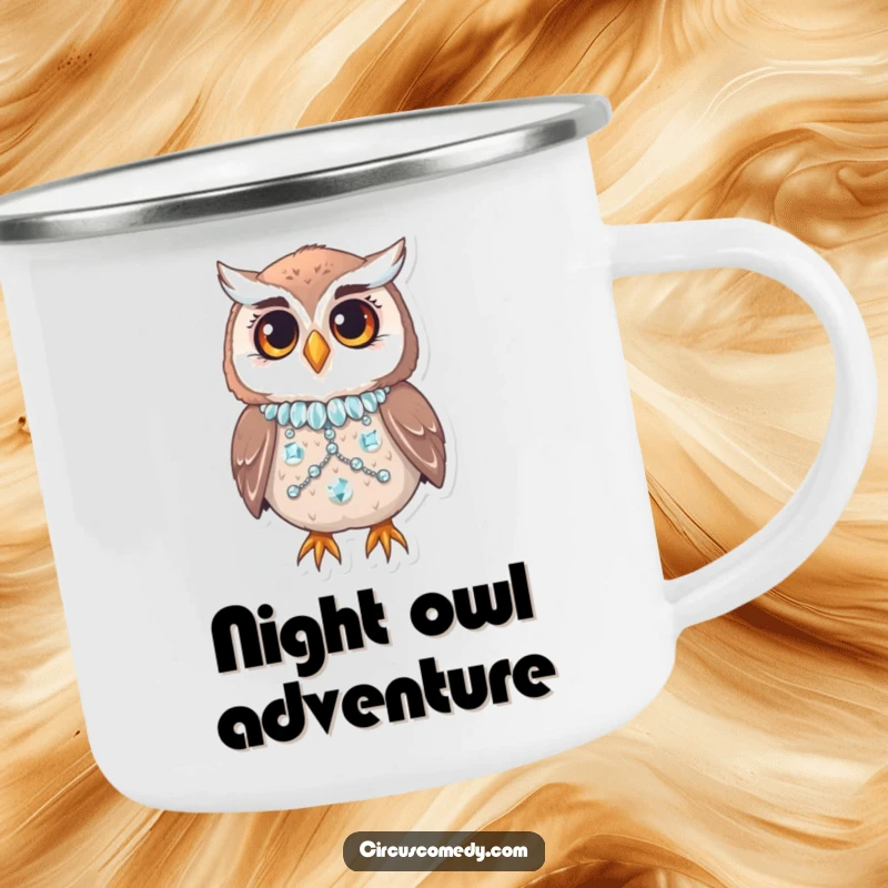 Funny owl in a sequined costume blinking in a camping setting, durable speckled mug, humorous outdoor gear.