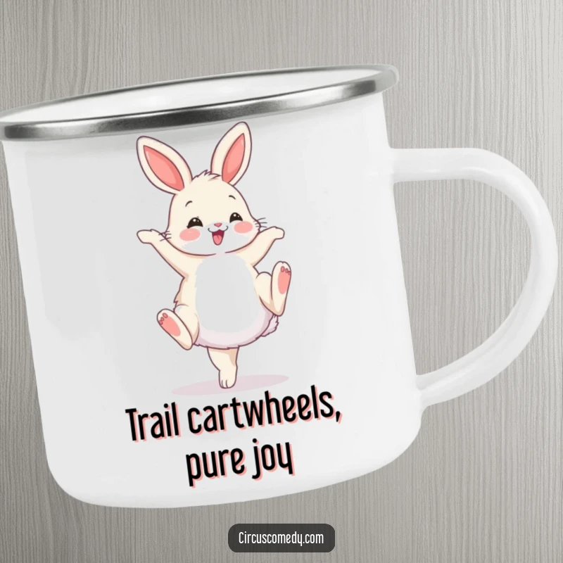 Funny camping mug featuring a fluffy bunny performing a cartwheel with a flourish, ready for outdoor fun and laughter.