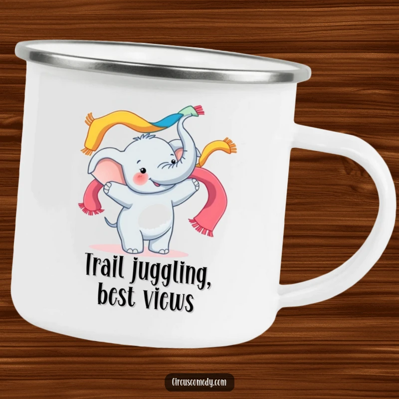 Funny camping mug showing a happy elephant juggling colorful scarves with its trunk, ready for outdoor adventures and laughs.