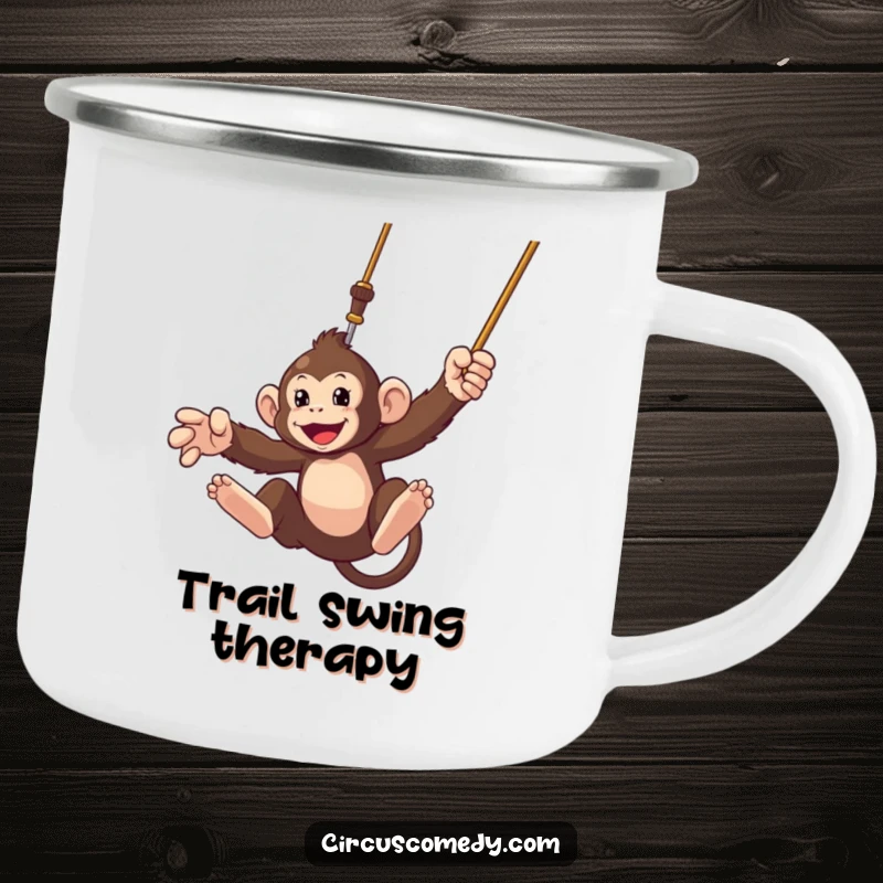 Funny camping mug featuring a determined monkey swinging from a trapeze, perfect for outdoor fun and adventure.