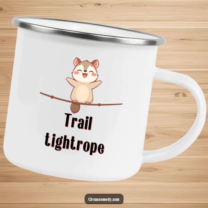 Funny Camping Mug: Cute animal with a happy expression, balancing on a tightrope, perfect for outdoor fun and humor.