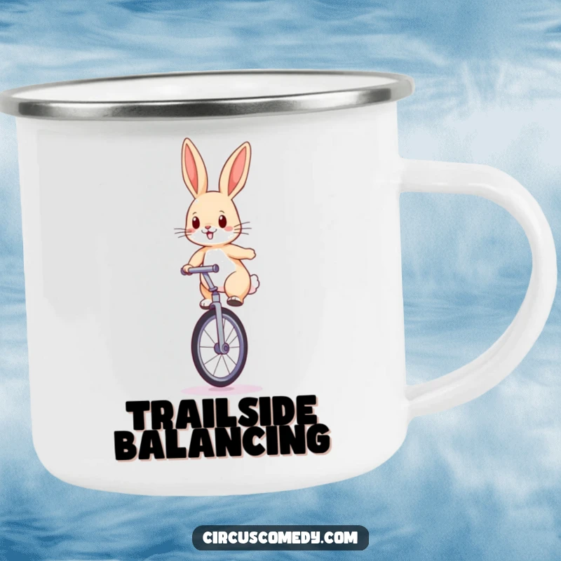 Funny rabbit baseball camping mug featuring a determined rabbit balancing on a large unicycle with perked ears, for outdoors.