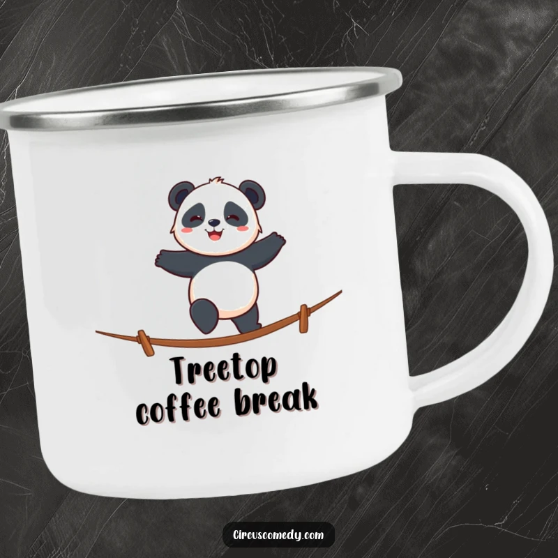 Funny panda baseball camping mug featuring a smiling panda walking a tightrope with cheerful determination, for outdoors.