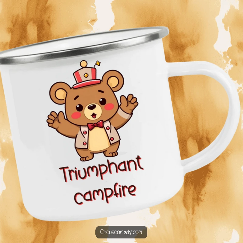 Funny Camping Mug: A triumphant bear in a ringmaster hat, taking a bow outdoors.