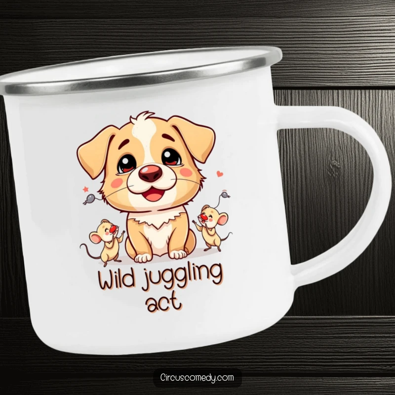 Funny Camping Mug: A silly dog with a clown nose, juggling three tiny mice outdoors.