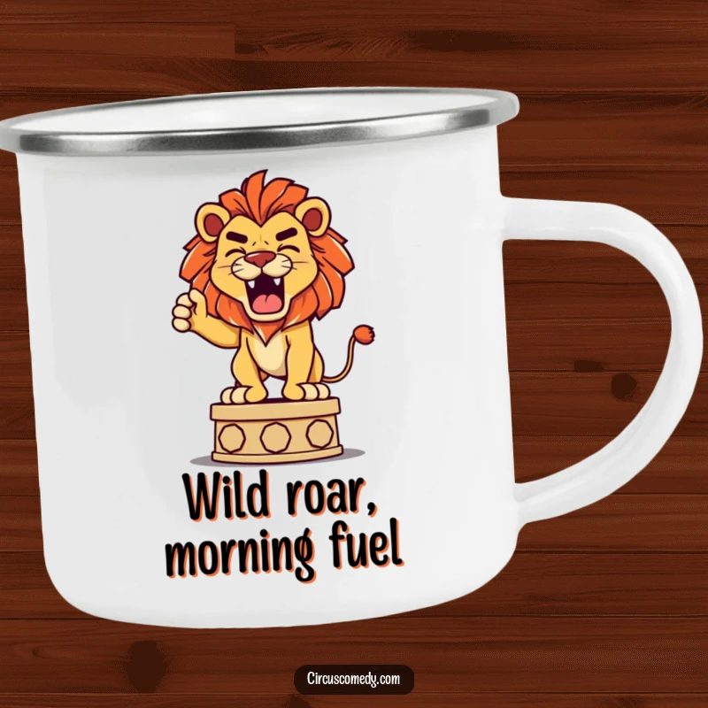 Funny camping mug featuring a determined lion playfully roaring from a pedestal, ready for campfire stories and laughter.