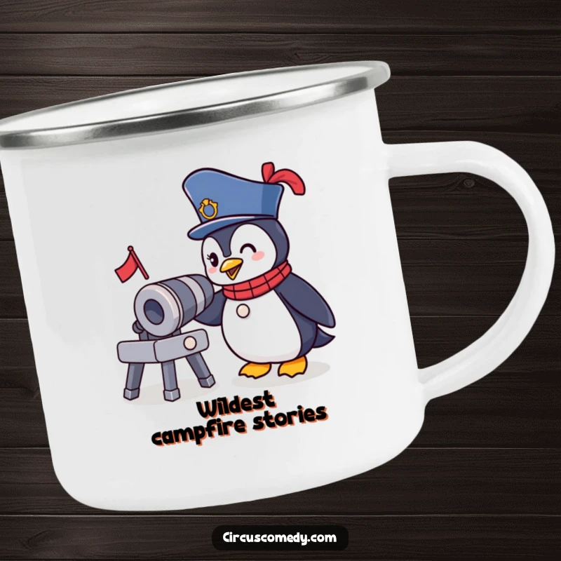 Funny Ringmaster Penguin Camping Mug: A brave penguin in a circus outfit winks at a tiny cannon, ideal for funny outdoor adventures.