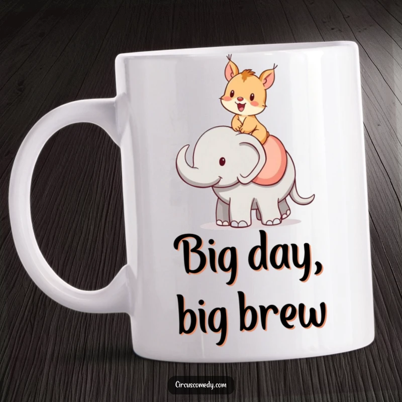 Funny squirrel mug, a cheerful squirrel happily riding on the back of a large elephant, conveying joy and friendship.