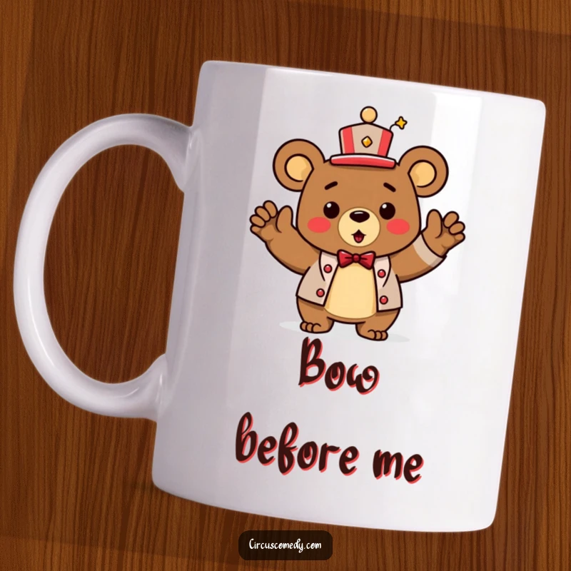 Funny Bear Mug: A triumphant bear in a circus ringmaster hat, taking a bow.