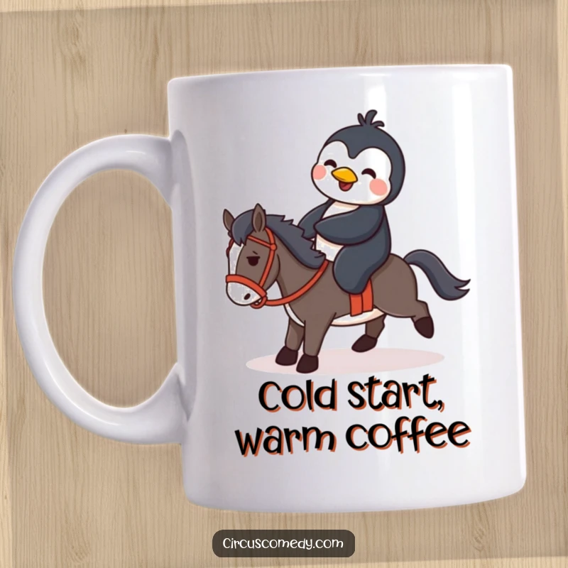 Funny penguin comically attempting to ride a miniature horse, showcasing an adorable and humorous animal interaction on a mug.