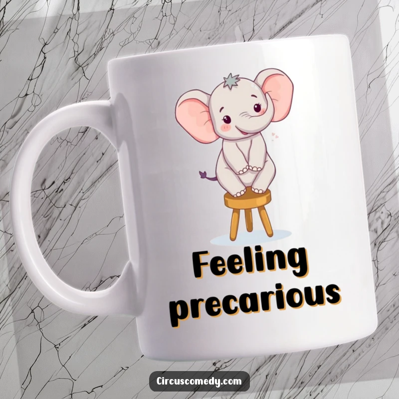 Funny mug showcasing a happy elephant standing precariously but joyfully on a tiny stool with a big smile.