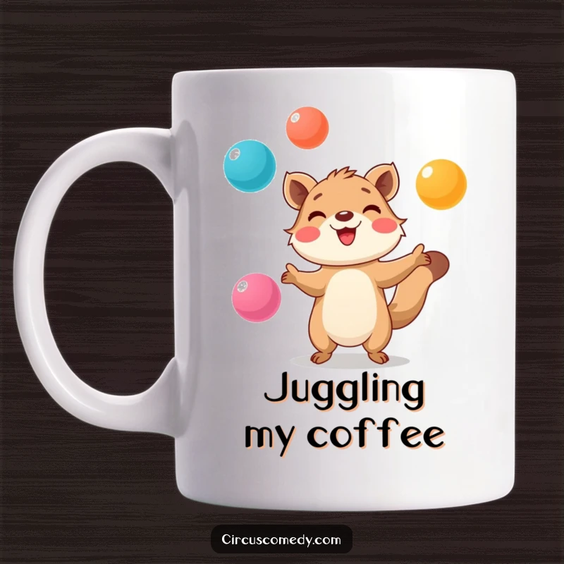 Funny Mug: Smiling animal with great focus, juggling colorful balls, showcasing skill and cheerful multitasking.